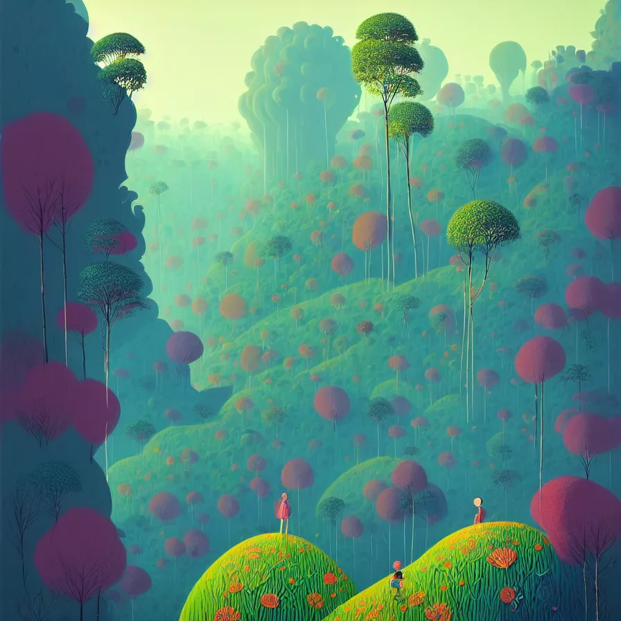 Image similar to ( ( ( gediminas pranckevicius ) ) ), bukit perak jungle summer morning, very coherent and colorful high contrast art by james gilleard floralpunk screen printing woodblock, dark shadows, pastel color, hard lighting