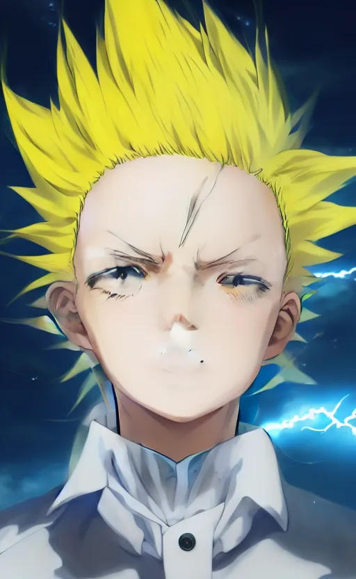 Prompt: Anime key visual of a young boy with spikey yellow hair and lightning powers, portrait, white background, Illustrated by Kohei Horikoshi, high quality face, detailed eyes, big eyes, official media, 8k, anime, detailed, HD, trending on artstation, Illustrated by Makoto Raiku, from my hero academia