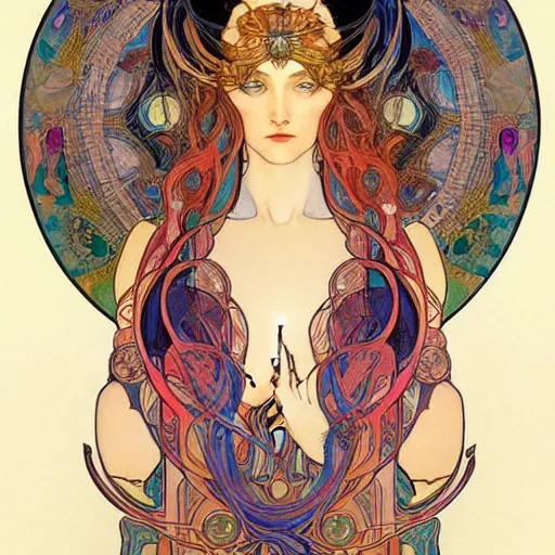 Image similar to The Goddess of Life and Creation, beautiful eyes, symmetrical face, paint, ink, palettes, spectrum, in the style of Joshua Middleton, Mucha, Kandinsky