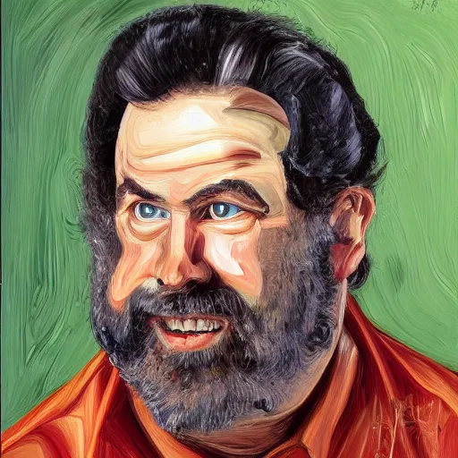 Prompt: uhd photorealisitc high quality high detail painting by lucian freud, exaggerated portrait of billy mays as the devil, studio lighting