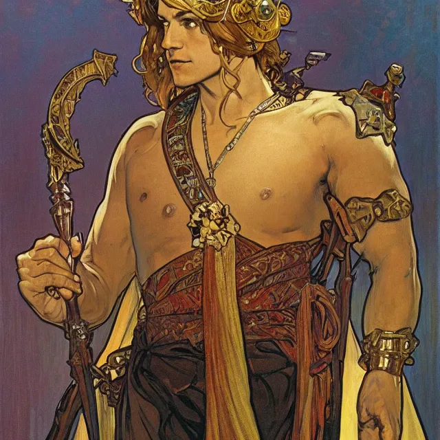 Image similar to an aesthetic! a detailed portrait of a man with a crown, holding a scepter by frank frazetta and alphonse mucha, oil on canvas, art nouveau dungeons and dragons fantasy art, hd, god rays, ray tracing, crisp contour lines, huhd