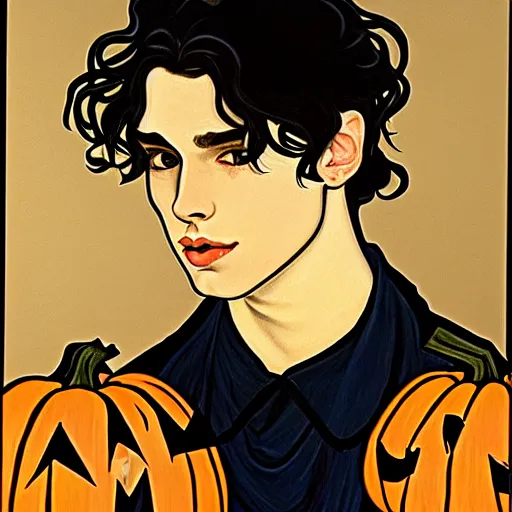 Image similar to painting of young cute handsome beautiful dark medium wavy hair man in his 2 0 s named shadow taehyung at the halloween pumpkin jack o'lantern party, depressed, melancholy, autumn, japan, elegant, clear, painting, stylized, delicate, soft facial features, delicate facial features, soft art, art by alphonse mucha, vincent van gogh, egon schiele