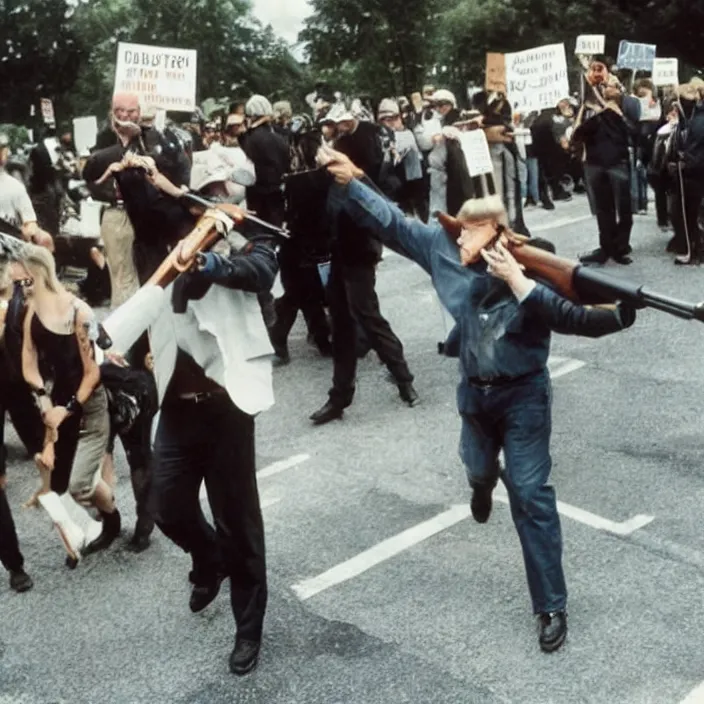 Prompt: a photo of donald trump with a shotgun in a protest