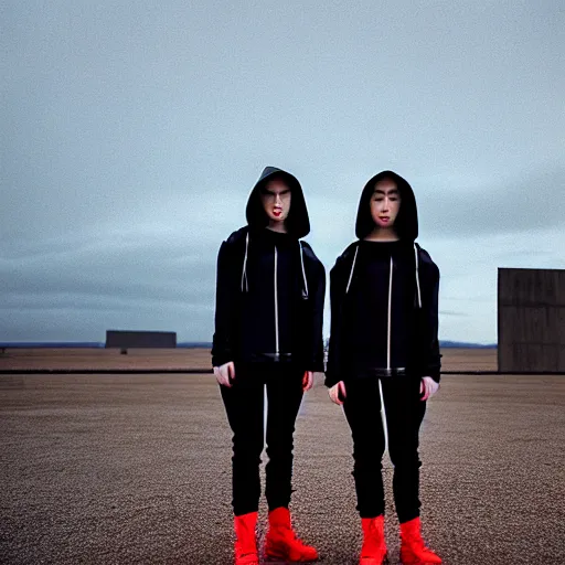 Image similar to cinestill 5 0 d photograph of 2 women wearing black techwear in front of a brutalist sharp - edged metal building, on a desolate plain, red eerie sky, sigma 8 5 mm f / 1. 4, 4 k, depth of field, high resolution, highly detailed, 4 k, 8 k, hd, full color
