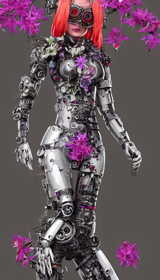 Prompt: full body head to toe portrait of a flowerpunk sci-fi cyborg spy, third person, D&D, sci-fi fantasy, intricate, red VR goggles, lily and clematis vines and sunflower, highly detailed, art by Range Murata, highly detailed, 3d, octane render, bright colors, digital painting, trending on artstation, sharp focus, illustration style of Stanley Artgerm, dramatic background