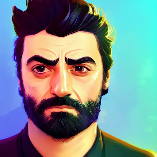 Image similar to Portrait of Oscar Isaac as a wizard, mattepainting concept Blizzard pixar maya engine on stylized background splash comics global illumination lighting artstation lois van baarle, ilya kuvshinov, rossdraws