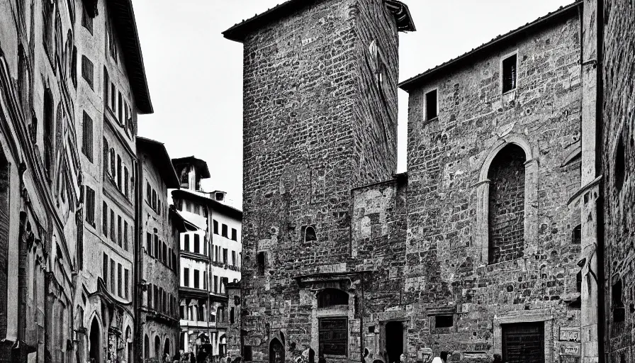 Prompt: florence old street in 1 6 th century with a tower in background, line art, black and white, dramatic lighting, cinematic composition, concept art