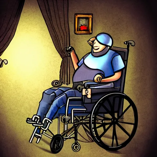 Image similar to storybook illustration of a gaming wheelchair, storybook illustration, monochromatic