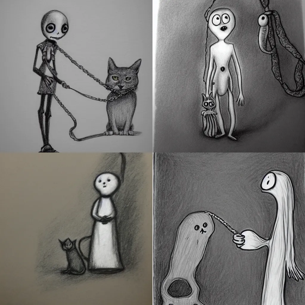 Prompt: pencil drawing of a friendly ghost with a cat on a leash in the style of Tim Burton