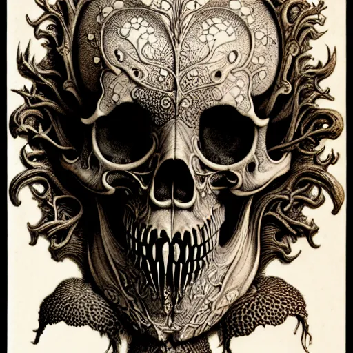 Image similar to art forms of nature by ernst haeckel, memento mori by arthur rackham, ornate antique porcelain beautiful skull mask, ultrasharp, photorealistic, hyperdetailed, octane render, polished, art nouveau, neo - gothic, gothic, intricate ornamental organic filigree, art nouveau botanicals, art forms of nature by ernst haeckel, horizontal symmetry, symbolist, visionary