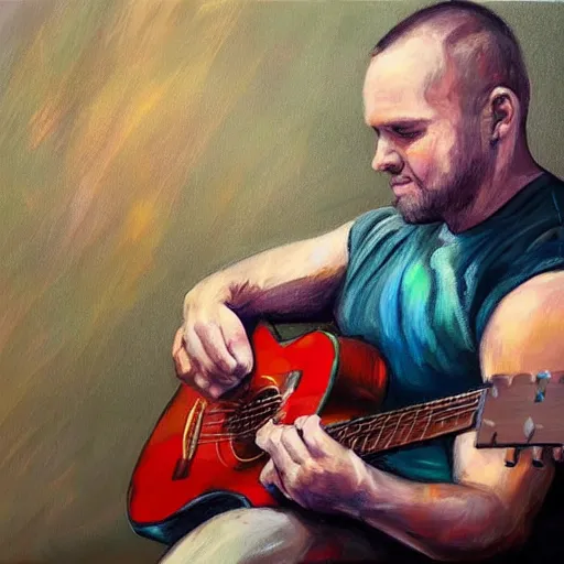 Image similar to andy mckee playing guitar, wonderful expressive portrait painting of youtube musician andy mckee doing his finger tap technique