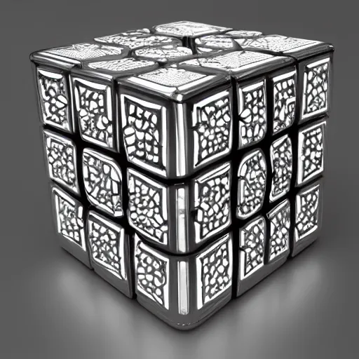 Prompt: intricate puzzle cube, detailed metal work, gleaming chrome, led lighting, three point perspective, rendered in octane