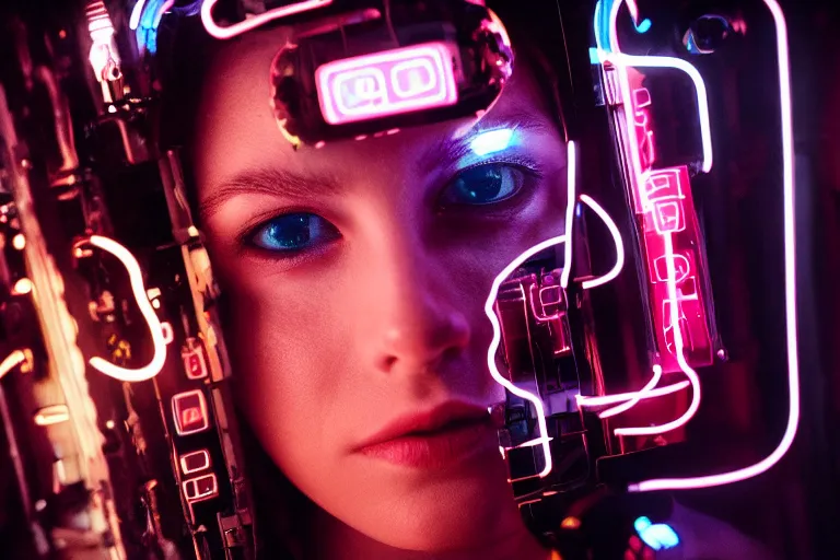 Image similar to cinematography closeup portrait of a cyborg woman in a cyberpunk apartment, neon lighting, night, by Emmanuel Lubezki