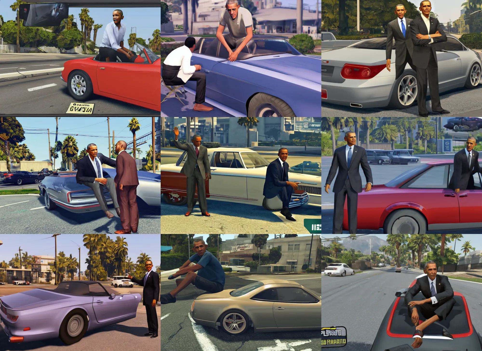 Prompt: Obama sitting a car, game, screenshot , GTA5