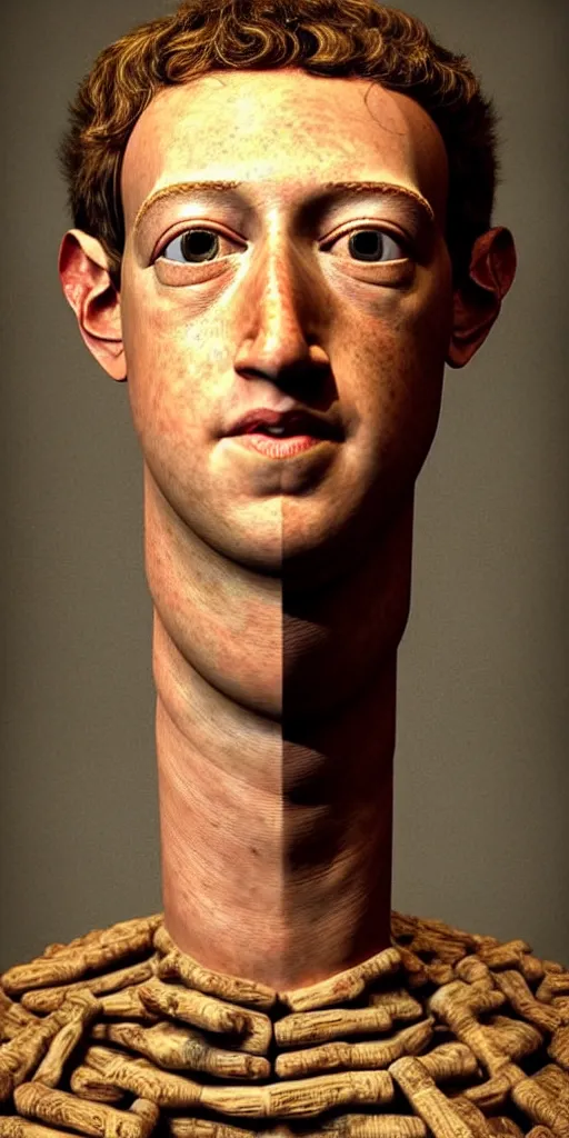 Image similar to very very beautiful portrait photo of 3d Mark Zuckerberg face made from primitive objects, Perfect face, extremely high details, realistic, by Giuseppe Arcimboldo, Edward Hopper, Rene Margitte,
