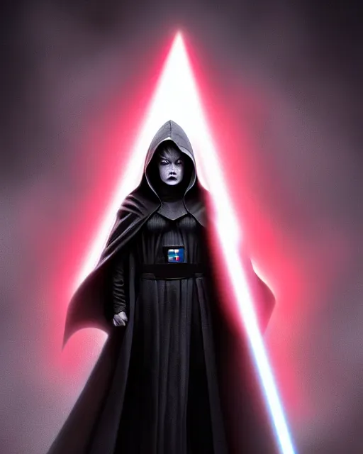 Image similar to half body shot, 1 8 years old dark lord of the sith judy garland wearing a hooded jedi cloak, with long black hair standing in deathstar hallway, rim light, volumetric lighting, digital painting, artstation, concept art, smooth, sharp focus, illustration, art by arney freytag, glamour pose, greg rutkowski, soft ambient lighting, particle effects