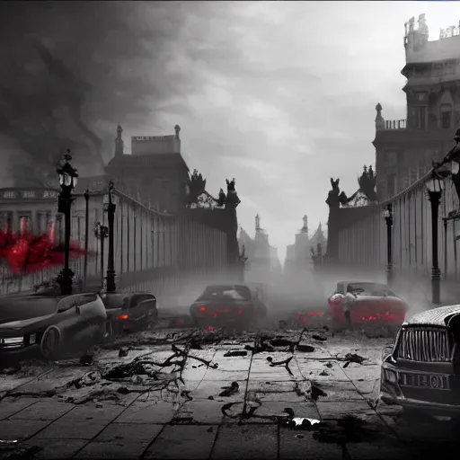 Image similar to a wide shot concept art of a zombie apocalypse in london town outside buckingham palace, 1 0 0's of zombies, smoke, fire, apocalyptic style image, smashed up cars, dead body's on the ground, blood, hyper detailed, illustration, digital art, featured on artstation, award winning image, unreal engine 7 render, 8 k, masterpeice