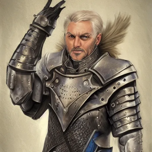 Image similar to concept art, portrait, 50 years old men, blonde, blue eyes, lite leather armor, friendly, high detail, digital art, realistic