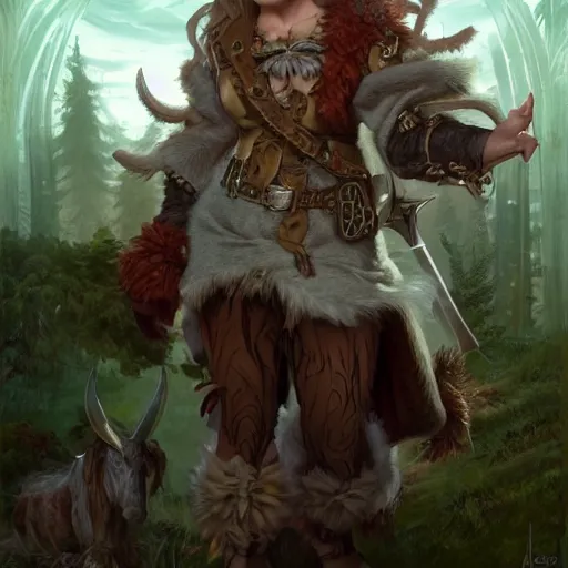 Image similar to dnd character concept portrait, angry elf druid with tamed ox pet, detailed, high quality, dynamic lighting, fantasy, artwork by artgerm, wlop, alex ross, greg rutknowski, alphonse mucha