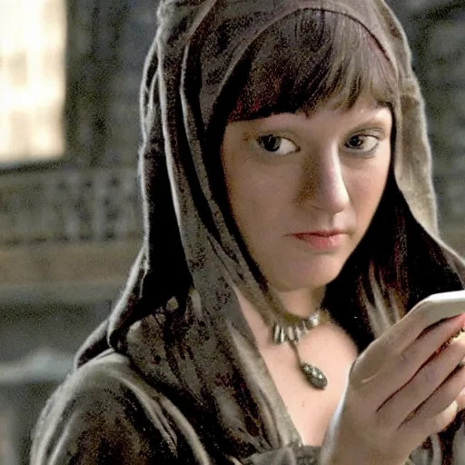 Image similar to scene from a 2 0 1 0 film set in 1 3 0 0 showing a woman using a mobile phone