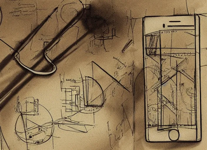 Prompt: iphone engineering sketch by leonardo davinci