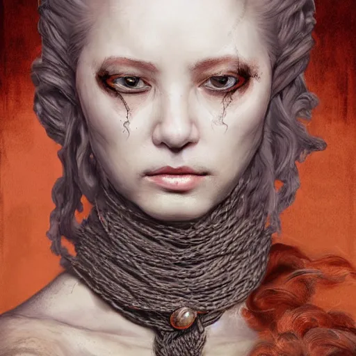 Prompt: portrait of a Shibari rope wrapped face and neck, headshot, insanely nice professional hair style, dramatic hair color, digital painting, of a old 17th century, old cyborg Njurse, amber jewels, baroque, ornate clothing, scifi, realistic, hyperdetailed, chiaroscuro, concept art, art by Franz Hals and Jon Foster and Ayami Kojima and Amano and Karol Bak,