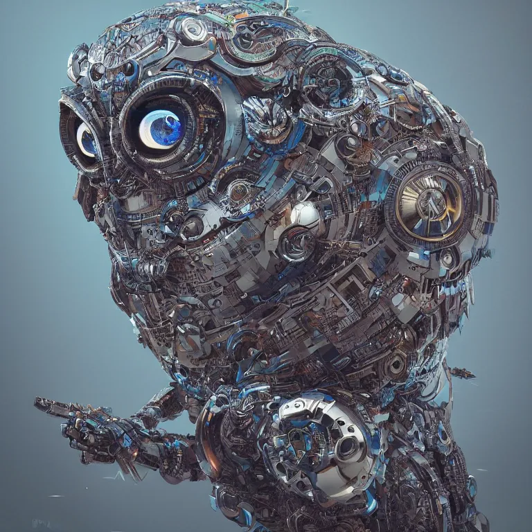 Prompt: a robotic owl intricate artwork by Tooth Wu and wlop and beeple, greg rutkowski, very coherent symmetrical artwork, cinematic, hyper realism, high detail, octane render, unreal engine, 8k, Vibrant colors, Smooth gradients, High contrast, depth of field