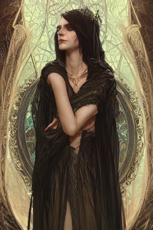 Prompt: a photograpic portrait of a pretty dark sorceress, fantasy, ominous, intricate, elegant, highly detailed, digital painting, artstation, concept art, smooth, sharp focus, illustration, art by artgerm and greg rutkowski and alphonse mucha