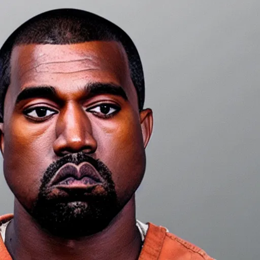 Image similar to mugshot of sad kanye west, prison photo
