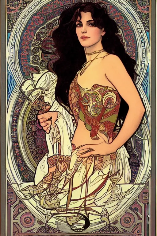 Image similar to portrait of monica belucci from the movie malena, artwork by alphonse mucha