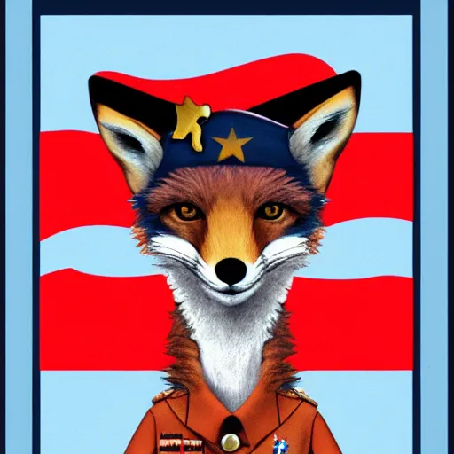 Image similar to fox animal dressed as a soldier in the style of a patriotic propaganda poster