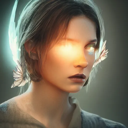 Image similar to portrait art of female angel by alessio albi 8 k ultra realistic, angel wings, lens flare, atmosphere, glow, detailed, intricate, full of colour, cinematic lighting, trending on artstation, 4 k, hyperrealistic, focused, extreme details, unreal engine 5, cinematic, masterpiece