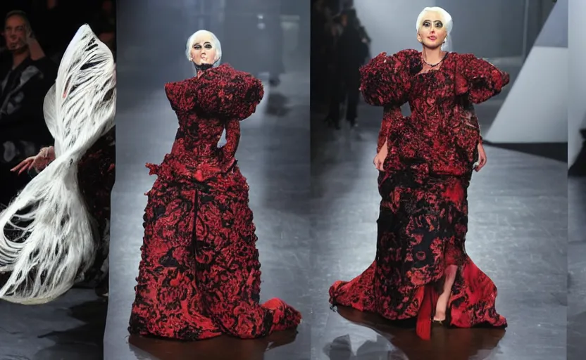 Image similar to lady gaga walking the runway in an alexander mcqueen archive collection at paris fashion week