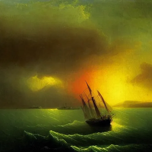 Image similar to red clouds and green ocean in iceland fjord with sailboat painting by ivan aivazovsky