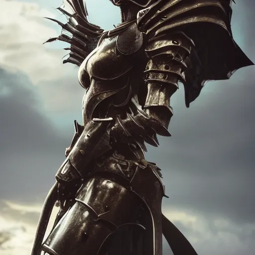 Image similar to stunning shot of a beautiful female knight, but as a hot anthropomorphic dragon, doing a majestic pose, well designed female dragon head, armor made of steel, sharp claws, HD octane render, epic cinematography, fantasy, Artstation, Deviantart, Furaffinity