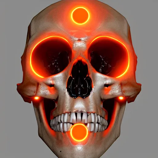 Image similar to real human skull with robotic circular orange light electronic eyes in eye sockets, unreal engine, artstation, render