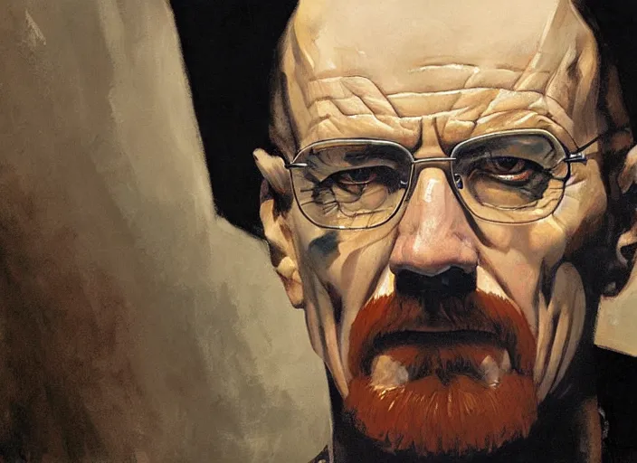 Image similar to a highly detailed beautiful portrait of walter white wearing a vampire costume, by gregory manchess, james gurney, james jean