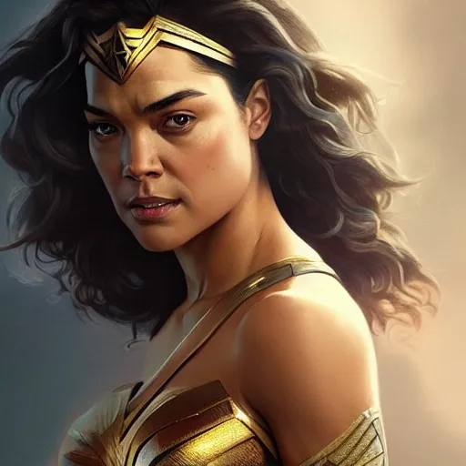 Image similar to full figure ultra realistic illustration, tessa thompson as wonder woman, intricate, elegant, highly detailed, digital painting, artstation, concept art, smooth, sharp focus, illustration, art by artgerm and greg rutkowski and alphonse mucha