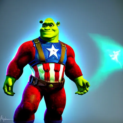 Image similar to digital painting of Shrek as Captain America, octane render, volumetric lightening, by marvel