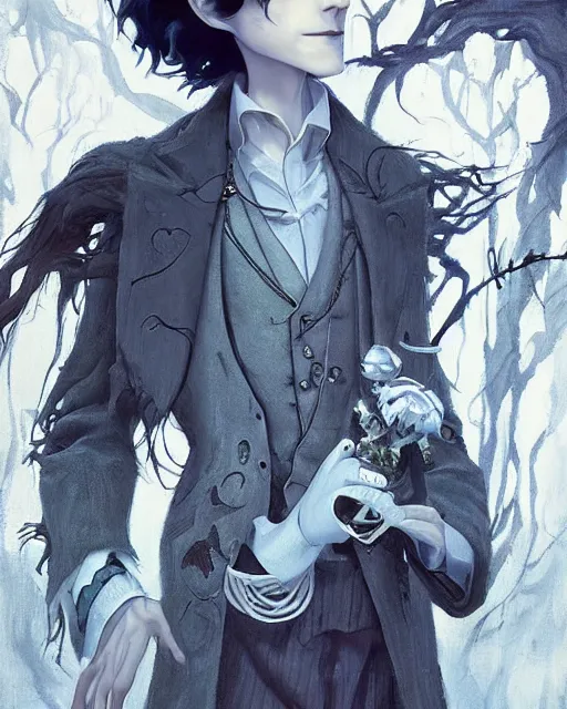 Image similar to elegant mysterious solemn desperate male johnny depp as victor van dort from the movie the corpse bride, portrait, illustration, the land of the death, rim light, top light, summer clear blue sky, perfectly shaded, soft painting, art by krenz cushart and wenjun lin