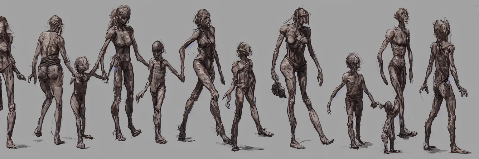 Image similar to family walk cycle, realistic anorexic family walking while wearing a thong, character sheet, fine details, concept design, contrast, kim jung gi, greg rutkowski and francis bacon, trending on artstation, 8 k, full body and head, turnaround, front view, back view, ultra wide angle