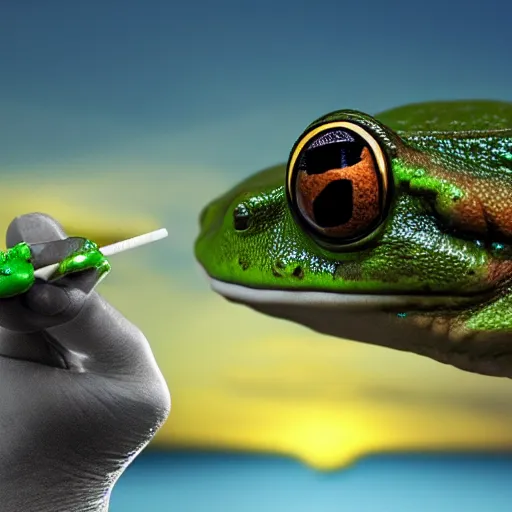 Prompt: a frog smoking a joint and enjoying a sunset, realistic, 4k,