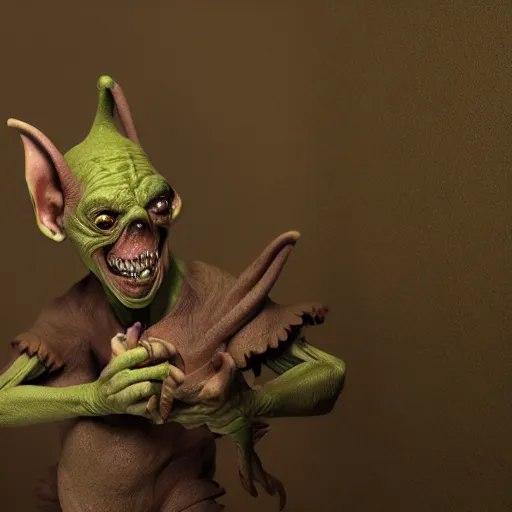 Image similar to a goblin, realistic, award winning render, studio lighting, detailed, 8k, HD, 3d, hyper realistic, octane render, cycles render,