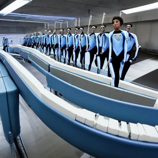 Prompt: troop in formation of athletic humans with light blue neoprene suits and white hair formation on a conveyor belt, futuristic laboratory, sci - fi, highly detailed, hyperrealistic