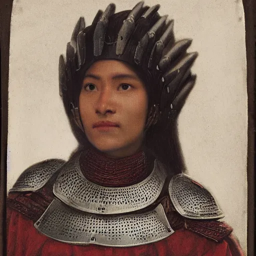 Prompt: head and shoulders portrait of a female knight, quechua!, lorica segmentata, cuirass, eagle, tonalist, symbolist, realistic, ambrotype, baroque, detailed, modeled lighting, vignetting, indigo and venetian red, angular, smiling