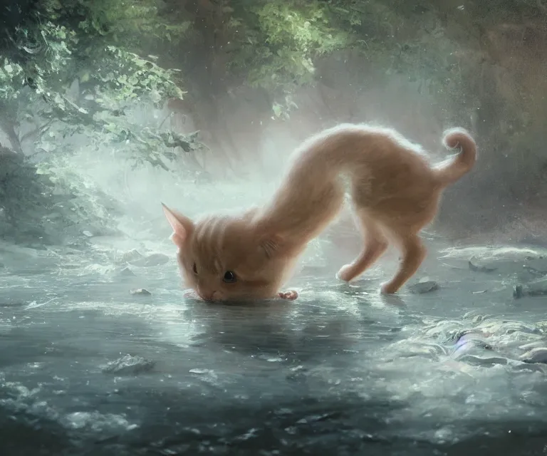 Image similar to a painting of a cute light beige brown kitten at a river. character design by cory loftis, fenghua zhong, ryohei hase, ismail inceoglu and ruan jia. volumetric light, detailed, rendered in octane