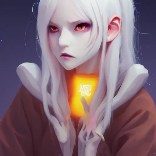 Image similar to a pale demoness with white hair, yellow eyes and horns wearing sweater and overalls on top. highly detailed, digital painting, artstation, matte, by makoto shinkai, animation style