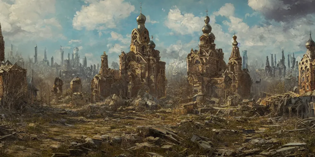 Image similar to An abandoned destroyed russian city, abandoned, ruined buildings, oil painting, painting by Viktor Vasnetsov, concept art, fantasy cityscape, ancient Russian architecture, painting by Ivan Shishkin, hyperborea, high resolution, trending on artstation,