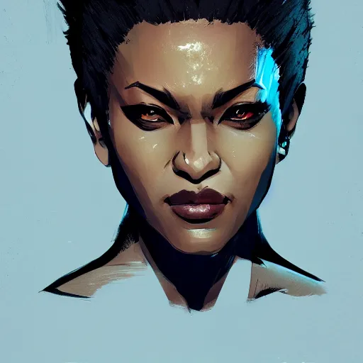 Image similar to portrait of a bald black woman, dramatic lighting, illustration by Rossdraws, yoji shinkawa, 4k, digital art, concept art, trending on artstation