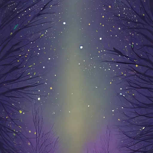 Image similar to a painting of a night sky with stars and trees, poster art by tim biskup, behance contest winner, space art, poster art, wallpaper, digital illustration